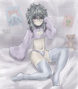 background barsik_chiter big_ass blush brown_eyes crossdressing eyelashes femboy glasses long_hair long_sleeves original_character penis_in_panties thick_thighs thighhighs topwear