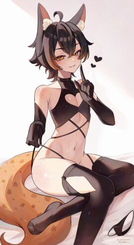1boy 2d akumana animal_ears blush boob_window breasts brown_hair crossdressing dyed_hair eyeliner eyeshadow femboy freckles garter_straps gloves hazel_eyes hyena male male_only midriff panties partially_clothed solo tail thighhighs twink two-tone_hair