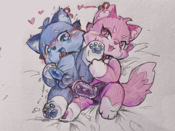 blue_fur duo female furry male mascot penis pink_fur precum roomfun sex toy traditional traditional_art unknown_artist