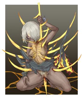 absurdres blush breasts commentary cuffs dark-skinned_female dark_skin death ebonyxh elden_ring english_commentary ero_guro eyes_visible_through_hair female female_death female_pubic_hair flaming_eye freckles gore greatsword greatsword_of_damnation grey_background guro hair_over_one_eye handcuffs highres nipples one_eye_covered open_mouth pointy_breasts pubic_hair pussy ringed_eyes rolling_eyes short_hair simple_background small_breasts solaria_(ebonyxh) solo tarnished torn_clothes uncensored what white_background white_hair white_pubic_hair yellow_eyes