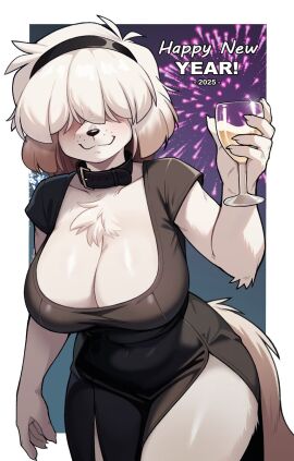 anthro breasts canine cleavage collar crazysnuft dress female furry hair_over_eyes hairband new_year tail