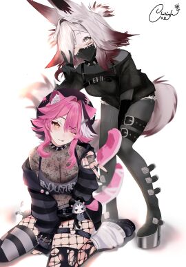 animal_ear_fluff animal_ears artist_name belt breasts dya_rikku_(vtuber) female fishnets gloves hair_over_one_eye hololive hololive_english hololive_english_-justice- jacket long_hair long_sleeves looking_at_viewer pants pink_hair raora_panthera sitting tail tongue tongue_out v virtual_youtuber vyugen