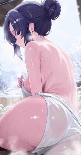 absurdres armpit_crease ass back bare_shoulders black_halo blue_archive blush branch breasts closed_mouth commentary female from_behind from_side grey_sky hair_between_eyes hair_bun halo hand_up highres holding holding_cloth holding_towel large_breasts light_particles long_hair looking_at_viewer looking_back mechanical_halo median_furrow mountainous_horizon nail_polish onsen outdoors pink_nails purple_eyes purple_hair red_pupils sei_(0724sei6) sideboob sidelocks sitting sky snow snowflakes snowing solo steam thighs towel turning_head water wet wooden_floor wooden_wall yuuka_(blue_archive)