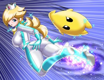 5_fingers alternate_costume ass blonde_hair bodysuit breasts crown female female_only hair hi_res human irohazakayouth jpeg luma mario_(series) mario_kart nintendo princess_rosalina princess_rosalina_(aero) shiny_clothes solo sparkles tight_clothing