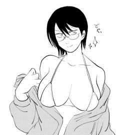 aged_up alternate_costume big_breasts bikini bikini_top breasts cleavage doodle female female_only genderswap genderswap_(mtf) gintama gintama:_be_forever_yorozuya glasses momoa136gg monochrome rule_63 shimura_shinpachi short_hair solo undressing upper_body