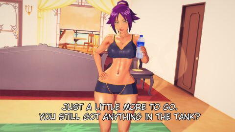 1girls 3d abs bleach dark-skinned_female dark_skin female gym_clothes gym_clothing gym_shorts gym_uniform hand_on_hip nakadashi_(artist) purple-haired_female purple_hair shihouin_yoruichi tagme water_bottle yellow_eyes yoruichi_shihouin