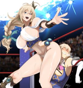 2girls alternate_version_available bandai_namco big_breasts blonde_hair bracers braid braided_hair breasts cassandra_alexandra catfight cleavage commentary cowgirl_position dress facesitting female female_only femdom fight greek_female green_eyes hair_ribbon hanabusa_(xztr3448) head_grab headscissor highres incest long_hair looking_down motion_lines outdoors pinned pinned_down ponytail sisters sky smile sophitia_alexandra soul_calibur soul_calibur_iv spread_legs stinkface wrestling yuri
