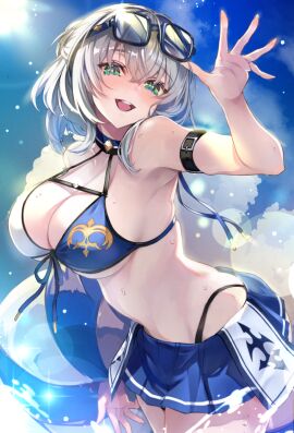 bikini blush breasts cleavage day eyewear_on_head female green_eyes grey_hair hololive hololive_fantasy hololive_japan large_breasts looking_at_viewer medium_hair omoti_(1201208) open_mouth outdoors shirogane_noel shirogane_noel_(summer_2020) sky smile solo sunglasses swimsuit two-tone_bikini virtual_youtuber wavy_hair