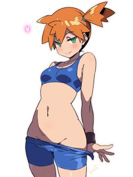 artist_name batta_16-sei bike_shorts breasts closed_mouth female groin highres kasumi_(pokemon) looking_at_viewer misty_(pokemon) misty_(pokemon_frlg) navel nintendo orange_hair pokemon pokemon_(anime) short_hair side_ponytail simple_background small_breasts smile solo white_background