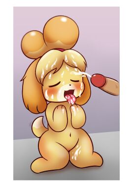 animal_crossing bodily_fluids canid canine canis closed_eyes cum cum_in_mouth cum_inside cum_on_face domestic_dog female genital_fluids genitals hi_res isabelle_(animal_crossing) koufun male mammal nintendo nude open_mouth penis sitting solo tongue tongue_out