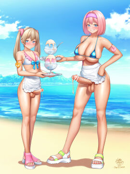 2023 2futas absurdres apron artist_logo artist_name balls ballsack bar_censor beach big_breasts big_penis bikini bikini_top bikini_top_only blonde_hair blue_bikini blue_eyes blue_sky blush breasts censored clothed clothing cum cum_on_food daisy_mitsumata dated day dicks_out erection feet female food foreskin foreskin_folds futa_is_bigger futa_is_smaller futa_only futanari grin hairband highres holding holding_tray huge_breasts human intersex large_balls large_breasts large_penis large_testicles light-skinned_futa light_skin long_hair looking_at_viewer medium_breasts mostly_nude multiple_females multiple_girls ocean original outdoors painted_fingernails painted_nails painted_toenails partially_retracted_foreskin penis penis_size_difference pink_hair purple_hairband retracted_foreskin sand sandals scrotum shaved_ice short_hair skindentation sky small_breasts smile smiling smiling_at_viewer smooth_penis standing swimsuit testicles toenail_polish toenails toes tray twintails twintails_(hairstyle) uncircumcised uncut veiny_penis waist_apron water white_apron white_bikini