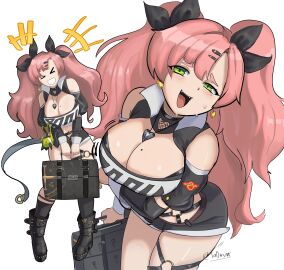 +++ 1girls :d >_< absurdres arm_under_breasts artist_name bangboo_(zenless_zone_zero) bare_shoulders belt black_footwear black_jacket black_ribbon black_shorts black_sleeves black_thighhighs blush boots breasts briefcase cleavage clothes_writing clothing_cutout commentary crop_top cropped_jacket cutoffs detached_sleeves earrings fangs female green_eyes hair_between_eyes hair_ornament hair_ribbon hairclip heart heart_cutout heart_earrings heart_necklace highres holding holding_briefcase jacket jewelry kneehighs large_breasts light_blush long_hair looking_at_viewer micro_shorts mole mole_on_breast motion_lines multiple_views necklace nicole_demara o-ring o-ring_belt open_mouth pink_hair platform_boots platform_footwear ribbon shorts shoulder_cutout simple_background single_kneehigh single_sock single_thighhigh smile socks strapless sweat tallinax thigh_strap thighhighs tube_top two_side_up white_background white_tube_top xd zenless_zone_zero