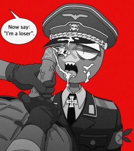 closed_eye clothed countryhumans cum cum_dripping_from_penis cum_dripping_from_tongue cum_on_eye cum_on_face cum_on_hat cum_on_penis cumshot degradation_text eyebags gay_blowjob gloves hammer_and_sickle iron_cross male male_focus nazi_germany_(countryhumans) nazi_uniform octodyer penis red_background sharp_teeth soviet_union_(countryhumans) text_bubble tongue tongue_out