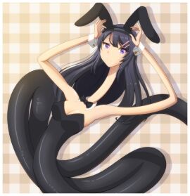 bowtie bunny_girl bunnysuit elastic elastic_arms elastic_body elasticity female hands_on_head long_arms pantsudesu purple_eyes sakurajima_mai seishun_buta_yarou_wa_bunny_girl_senpai_no_yume_wo_minai stretchy stretchy_arms stretchy_body stretchy_torso