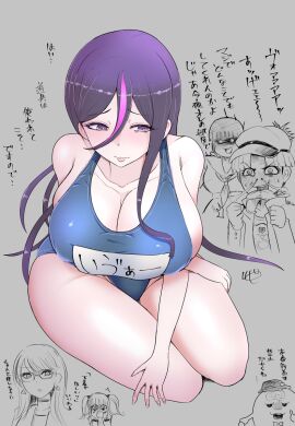 amemiya_darumi blush breasts darumi_amemiya embarrassed eternalor_zzz eva_(the_hundred_line) female hiruko_shizuhara huge_breasts large_breasts large_thighs maruko_gaku mojiro_moko moko_mojiro purple_hair school_swimsuit shizuhara_hiruko sirei_(hundred_line) swimsuit the_hundred_line_-last_defense_academy- thick_thighs translation_request