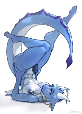 anthro big_breasts black_nipples black_penis blue_body breasts ear_piercing female genitals glistening glistening_body hi_res horn humanoid_genitalia jewelry legs_up looking_at_viewer lying male navel navel_piercing nipple_piercing nipples nude on_back penis piercing ring_piercing sackrany scalie simple_background smile solo tail upside-down white_background white_body wings