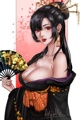 1girls arialla_draws bare_shoulders big_breasts black_hair breasts cleavage cosplay earrings exposed_shoulders fan female final_fantasy final_fantasy_vii final_fantasy_vii_remake headdress japanese_clothes kimono lipstick looking_at_viewer madam_m_(cosplay) nail_polish red_eyes solo tifa_lockhart