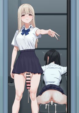 1futa 1girls absurdres after_sex after_vaginal anus ass balls bar_censor black_hair blue_bow blue_bowtie blue_skirt bow bowtie brown_eyes brown_hair censored closed_eyes collared_shirt cum cum_in_pussy cum_on_ass cum_on_body cumdrip female fffukuzawa fingernails futa_on_female futa_with_female futanari highres intersex long_fingernails long_hair looking_at_viewer mole mole_under_eye multiple_females multiple_girls on_toilet original penis pussy shirt shirt_tucked_in short_sleeves skirt tagua testicles toilet toilet_stall v white_shirt