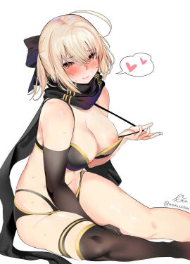 1girls ahoge asymmetrical_legwear bare_shoulders bikini black_bikini black_gloves black_legwear black_scarf black_swimsuit blonde_hair blush bow breasts brown_eyes cleavage fate/grand_order fate_(series) female gloves hair_between_eyes hair_ornament hairbow large_breasts looking_at_viewer marushin_(denwa0214) navel okita_souji_(fate) okita_souji_(fate)_(all) okita_souji_(swimsuit_assassin)_(fate) one_breast_out open_mouth scarf short_hair simple_background single_glove single_thighhigh sitting smile solo swimsuit thigh_strap thighhighs thighs white_background