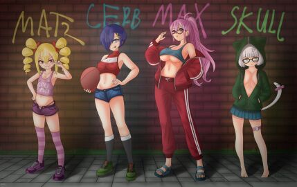 basketball_(ball) big_breasts blonde_hair blue_eyes braless breasts brick_wall crop_top female glasses green_eyes green_hoodie grin hair_over_one_eye hand_on_hip hands_in_pockets hood_up hoodie kaschmatz long_hair medium_breasts midriff nipples_visible_through_clothing no_shoes open_clothes open_hoodie original original_character panties peace_sign pink_hair ponytail red_eyes sandals see-through shoes short_hair short_shorts shorts skirt sleeveless_shirt small_breasts smile socks sportswear streetwear striped_legwear tagme tail tongue tongue_out twintails white_hair