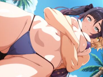 1boy 1girls aether_(genshin_impact) ai_generated beach bikini from_behind holding imminent_sex mihoyo misaka mona_(genshin_impact)
