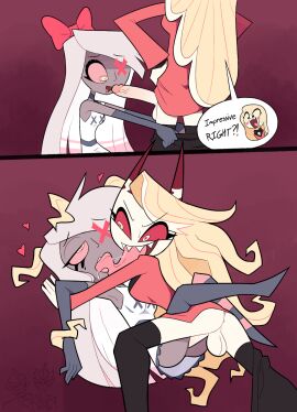 1futa 1girls angel charlie_morningstar_(hazbin_hotel) demon demon_futa demon_girl demon_horns demon_tail female french_kiss french_kissing futa_on_female futa_penetrating futanari hazbin_hotel intersex kissing miscon miscontoku speech speech_bubble text thin_female thin_legs thin_thighs vaggie_(hazbin_hotel)