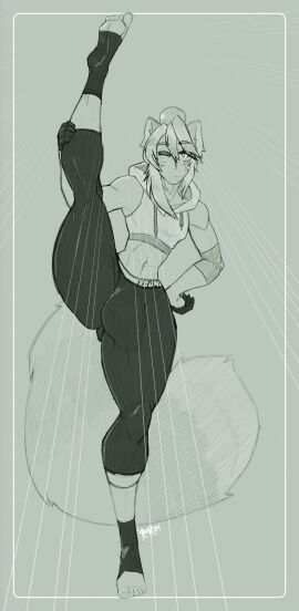 2024 absurd_res ailurid anthro anuki barefoot bottomwear bulge clothing crop_top feet femboy gozer_mocha hi_res male mammal pants red_panda shirt solo thick_thighs topwear wide_hips yoga_pants