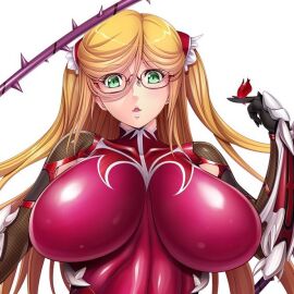 aoi_nagisa_(artist) battle_suit battlesuit blonde_hair bodysuit breasts color eyebrows_visible_through_hair female female_focus female_only fishnet_gloves game_cg gauntlets glasses green_eyes hair_between_eyes hair_ornament huge_breasts kosaka_shizuru long_hair looking_at_viewer open_mouth petals red_bodysuit spiked_whip taimanin_(series) taimanin_rpgx tight_bodysuit tight_clothing twintails upper_body whip white_background
