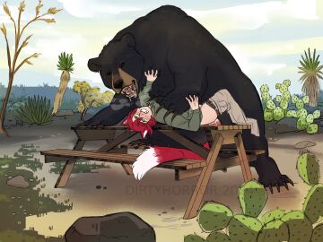bear camping dirtyhorror feral feral_penetrating fox_boy fox_tail interspecies male male_penetrated original_character picnic_table red_hair twink zoophilia