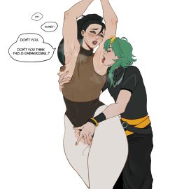 1boy 1girls absurd_res areolae arm_behind_head armpit_fetish armpits arms_up black_hair blush breast_grab breasts closed_eyes clothing dialogue english_text ezreal female fingering fingering_partner fingering_pussy glasses glasses_on_head green_hair green_highlights heartsteel_ezreal heartsteel_series k/da_all_out_kai'sa k/da_all_out_series kai'sa larger_female league_of_legends licking licking_armpit long_hair male narrowed_eyes nipples one_breast_out pepprnsalt pussy riot_games small_breasts smaller_male speech_bubble sportswear sweat