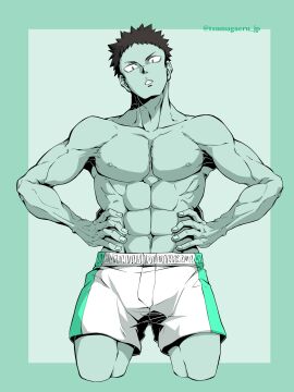 biceps black_hair green_eyes haikyuu!! iwaizumi_hajime muscular muscular_male pecs pectorals shirtless shirtless_male