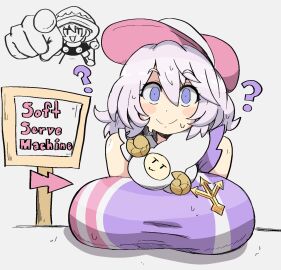 2girls big_breasts breasts clothed_female doodle doremy_sweet female hat lavender_hair letty_whiterock light-skinned_female light_skin mature_female meme notnoe_(dxcl) purple_eyes purple_hair sign touhou touhou_lost_word touhou_lostword white_background
