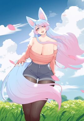 1girls bare_shoulders big_breasts blue_eyes blue_hair blush breasts cleavage female female_only fishnet_pantyhose hi_res huge_breasts jean_shorts long_hair looking_at_viewer luxurias outdoors pantyhose pink_hair shorts silvervale smiling smiling_at_viewer solo sweater tail two-tone_hair virtual_youtuber wholesome wolf_ears wolf_girl wolf_tail