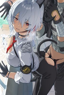 1boy 2girls ambiguous_penetration ass demon demon_girl demon_horns demon_tail female female_penetrated from_behind gloves hews_hack highres horn_grab horns male male_penetrating male_penetrating_female male_rover_(wuthering_waves) penis phoebe_(wuthering_waves) red_eyes rover_(wuthering_waves) sex straight tail white_hair wuthering_waves zani_(wuthering_waves)