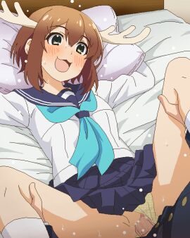 1boy :3d :d accurate_art_style aqua_neckerchief bed_sheet black_skirt blush brown_hair censored clothed_sex clothing_aside commentary_request female green_eyes long_sleeves lying m_legs male mosaic_censoring my_deer_friend_nokotan neckerchief on_back open_mouth panties panties_aside penis pillow plaid_clothes plaid_panties pussy school_uniform serafuku sex shikanoko_noko shikanoko_nokonoko_koshitantan shirt short_hair skirt smile solo_focus tomu_(tomubobu) underwear vaginal_penetration white_shirt yellow_panties