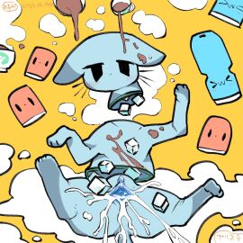 2024 >w< animate_inanimate beverage black_eyes black_whiskers blue_body blue_clitoris blue_ears blue_inner_pussy blue_pussy blue_tail blush blush_lines bodily_fluids clitoris coffee coffee_cup container cum cum_from_pussy cum_in_pussy cum_inside cum_on_pussy cup domestic_cat felid feline felis female female_feral feral genital_fluids genitals hi_res ice_cube kawaiishinitai leaking_pussy looking_at_viewer lying mammal on_back pussy simple_background solo spread_legs spreading tail whiskers yellow_background