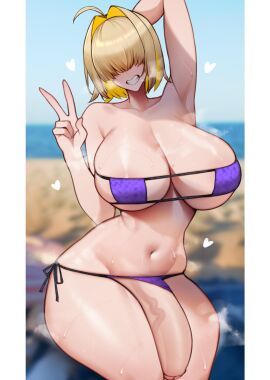 1futa ahoge armpits bangs bikini blonde_hair breasts clothed clothing elegg_(nikke) erection eyepatch_bikini futa_only futanari goddess_of_victory:_nikke hair_over_eyes hearts hi_res hips huge_breasts huge_cock human intersex light-skinned_futa light_skin mostly_nude penis short_hair solo solo_futa thick_thighs thighs unbeller wide_hips