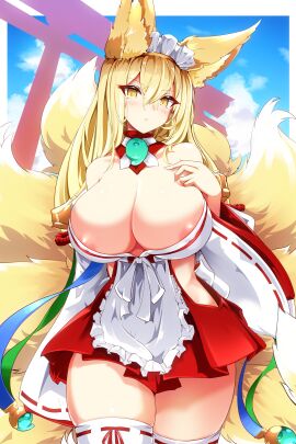1girls 2d absurdres animal_ear_fluff animal_ears apron areola_slip bangs bare_shoulders blush breasts cleavage covered_nipples detached_collar detached_sleeves female fox_ears fox_girl fox_tail frills furrowed_brow hair_between_eyes hairband hand_on_breast highres hirume_of_heavenly_incense huge_breasts japanese_clothes kitsune kyuubi large_breasts last_origin leqz5945 long_hair looking_at_viewer magatama maid_apron maid_headdress miko multi_tail outdoors ribbon-trimmed_legwear ribbon_trim side_slit skindentation skirt slit_pupils smile solo tail tails thick_thighs thighhighs white_background white_legwear wide_sleeves
