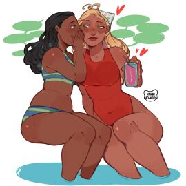 2girls black-haired_female black_hair blonde-haired_female blonde_female blonde_hair cropped_legs dark-skinned_female dark_skin female kamii_momoru lifeguard_(lilo_and_stitch) lilo_and_stitch long_hair nani_pelekai one-piece_swimsuit red_one-piece_swimsuit sitting swimsuit whispering whispering_into_ear