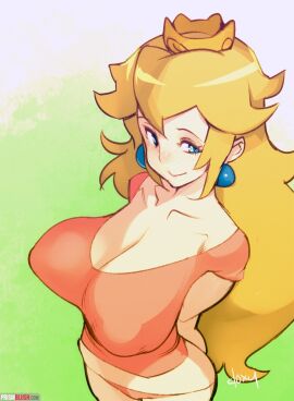 1girls blonde_hair blue_eyes blush breasts cleavage crown doxy earrings female hair large_breasts nintendo princess_peach smile solo super_mario_bros. t-shirt voluptuous