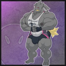 abs anthro athletic athletic_wear banette biceps big_muscles black_body bottomwear bulge clothed clothing detailed_bulge digital_media_(artwork) english_text feet generation_3_pokemon genital_outline ghost gym_bottomwear gym_shorts hi_res huge_muscles humanoid hyper hyper_muscles looking_at_viewer male muscles muscular muscular_anthro muscular_male nintendo nipples pecs penis penis_outline plantigrade pokemon pokemon_(species) seaserpenttailor shirt shorts simple_background smile solo spirit sportswear tail text text_on_clothing text_on_shirt text_on_topwear toes topwear zipper zipper_mouth