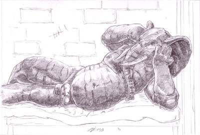 2008 anthro anthro_pred balls bed belly big_belly brick_wall elephant elephantid erection furniture genitals humanoid_genitalia humanoid_penis inside jeri_kleinlowe larger_pred lying male male_pred mammal muscular navel nipples nude nude_anthro nude_male nude_pred on_side penis prison prison_cell prisoner proboscidean proboscis_(anatomy) size_difference solo traditional_media_(artwork) trunk_(anatomy) tusks vore wall_(structure)