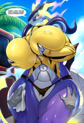 2025 ancient_pokemon anthro big_breasts bikini bikini_bottom blush breasts camel_toe cameltoe clothing disembodied_hand dragon female future_pokemon generation_9_pokemon genitals hand_on_leg hand_on_thigh hi_res legendary_pokemon miraidon mleonheart mythological_creature mythological_scalie mythology nintendo nipples paradox_pokemon pokemon pokemon_(species) pussy scalie smile solo swimwear thick_thighs two-piece_swimsuit vulva