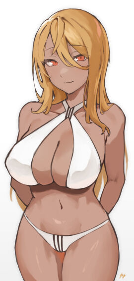 1girls arm_behind_back arms_behind_back bare_arms bare_belly bare_chest bare_hands bare_hips bare_midriff bare_navel bare_shoulders bare_skin bare_thighs belly belly_button bikini bikini_bottom bikini_only bikini_top blonde-haired_female blonde_eyebrows blonde_female blonde_hair breasts brown-skinned_female brown_skin brown_skinned_female busty busty_female cleavage closed_mouth_smile collarbone curvaceous curvaceous_body curvaceous_female curvaceous_figure curvaceous_hips curvy curvy_body curvy_female curvy_figure curvy_hips exposed_arms exposed_belly exposed_chest exposed_hips exposed_midriff exposed_navel exposed_shoulders exposed_skin exposed_thighs eyebrows_visible_through_hair female female_focus female_only fukuya_art groin hair_between_eyes halterneck hand_behind_back hands_behind_back high_resolution highres hourglass_figure large_breasts lean_figure long_hair looking_at_viewer midriff narrow_waist navel orange-eyed_female orange_eyes original original_art original_artwork original_character shoulders simple_background slender_body slender_waist slim_waist smile smiley_face smiling smiling_at_viewer smirk solo standing swimsuit swimwear thick_thighs thighs upper_body white_background white_bikini white_bikini_bottom white_bikini_top white_swimsuit white_swimwear wide_hips