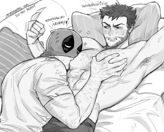 2boys abs arm_up armpit_hair armpits bara beard blush chest_hair claws clenched_teeth deadpool deadpool_&_wolverine_(2024) dreaming_oor facial_hair gay greyscale large_pectorals looking_at_another male male_focus male_lactation male_only marvel marvel_comics mask mask_lift mature_male monochrome multiple_boys multiple_males muscular muscular_male nipples pectoral_grab pectorals pillow scar shirt short_hair short_sleeves sucking_male_nipple sweatdrop teeth topless_male translation_request twitter_username weapon wolverine_(x-men) x-men yaoi