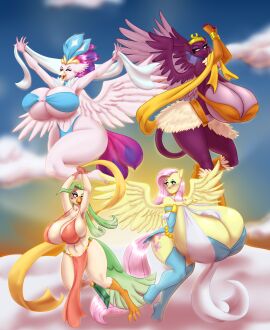 2020 3_toes absurd_res anthro avian beak big_breasts bird blues64 blush breasts captain_celaeno_(mlp) clothing cloud cutie_mark digital_media_(artwork) equid equine feet felid feline female fluttershy_(mlp) friendship_is_magic group hasbro hi_res huge_breasts hyper hyper_breasts legwear mammal marauder6272 my_little_pony my_little_pony:_the_movie_(2017) mythological_creature mythological_equine mythological_sphinx mythology open_beak open_mouth outside parrot pegasus queen_novo_(mlp) sphinx_(mlp) toes wings