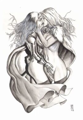 2girls black_and_white breasts demon demon_girl emma_frost female female_only gene_espy hellfire_club large_breasts magik_(illyana_rasputin) marvel marvel_comics nipples nude nude_female older_dom_younger_sub pussy shaved_pussy traditional_art traditional_media_(artwork) vagina white_queen x-men yuri