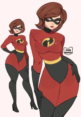 1girls arm_support artist_name ass bodysuit boots breasts brown_eyes brown_hair curvy domino_mask elastigirl female female_only from_behind gloves helen_parr highres hourglass_figure kamii_momoru large_breasts mask masked_female pixar pixar_mom red_bodysuit shiny_clothes short_hair simple_background skin_tight solo solo_female standing superhero_costume superheroine sweat the_incredibles thick_thighs thigh_boots thighhighs thighs thong wide_hips