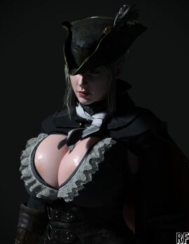 3d black_background bloodborne breasts cloak female highres hunter_(bloodborne) lady_maria_of_the_astral_clocktower large_breasts rude_frog shaded_face white_hair