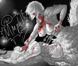 2024 2girls arched_back areola belt big_breasts black_and_white_and_red blood_on_arm blood_on_belly blood_on_breast blood_on_breasts blood_on_chest blood_on_face blood_on_hand blood_on_leg bodily_fluids breast_size_difference breasts claw_marks claws clothed clothing covering covering_another's_mouth covering_mouth delicious_in_dungeon dialogue dominant dominant_female dominant_taur dragon dragon_taur dress dungeon_meshi duo elf eroddity eyebrows eyelashes face_grab falin_touden falin_touden_(chimera) feathered_dragon feathered_scalie feathers female female/female female_humanoid female_only female_taur fingernails gag gagged hand_above_head hand_gagged hand_over_another's_mouth hand_over_mouth handgag hi_res humanoid humanoid_on_taur humanoid_pointy_ears humanoid_taur long_hair lying marcille_donato medium_breasts messy_hair monochrome multiple_females multiple_girls mythological_creature mythological_scalie mythology nipples nude nude_female nude_taur on_back open_belt partially_clothed partially_clothed_female partially_clothed_humanoid pinned scales scalie side_view sound_effects speech_bubble spot_color staff submissive submissive_female submissive_humanoid taur tearing_clothing text torn_clothing torn_dress white_text wounded wrist_grab